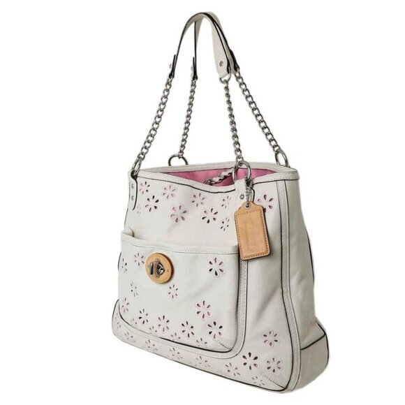 Coach Handbags - Coach Poppy Daisy Eyelet Leather Chain Tote Bag Ivory & Pink | Style #22438 GUC